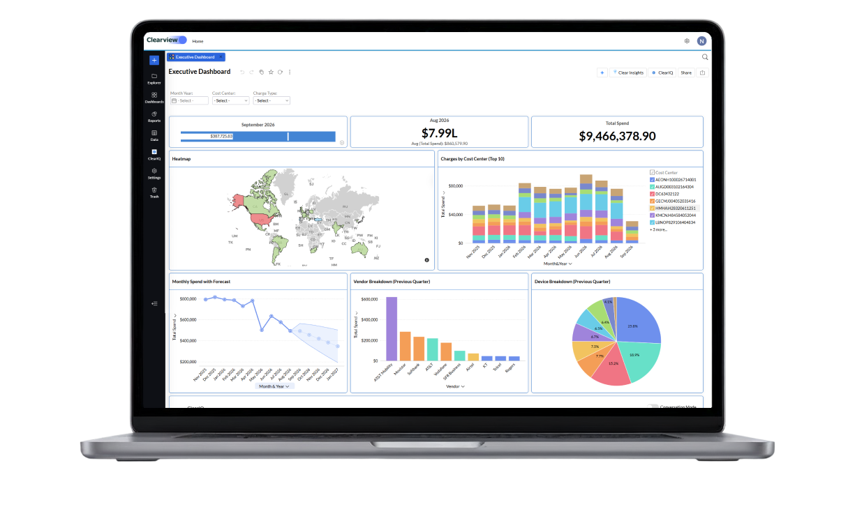Clearview telecom invoice management dashboard on a laptop